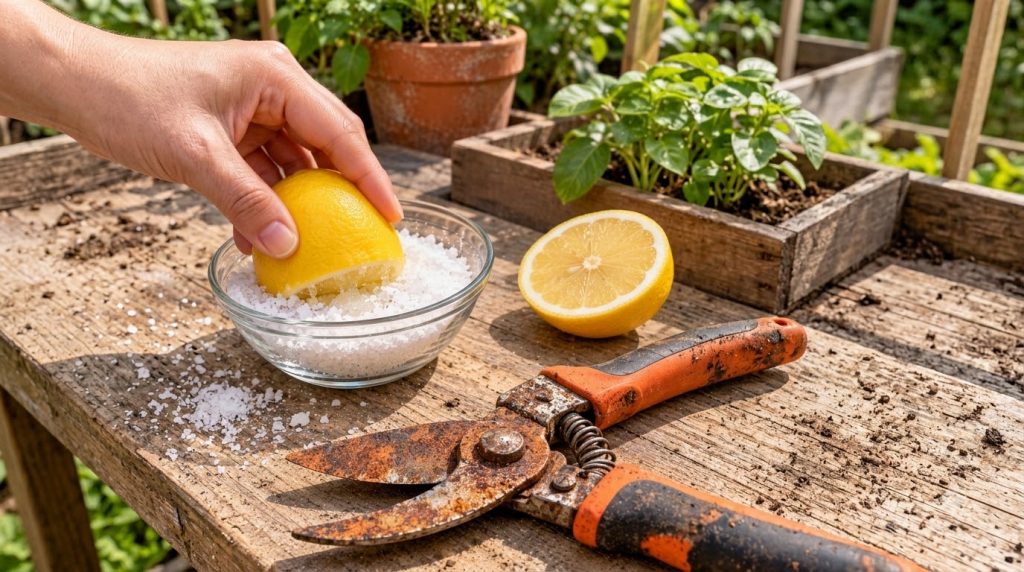 A person s hand pressing a cut lemon into a bowl of coarse salt with rusted pruning shears and another lemon half on a w