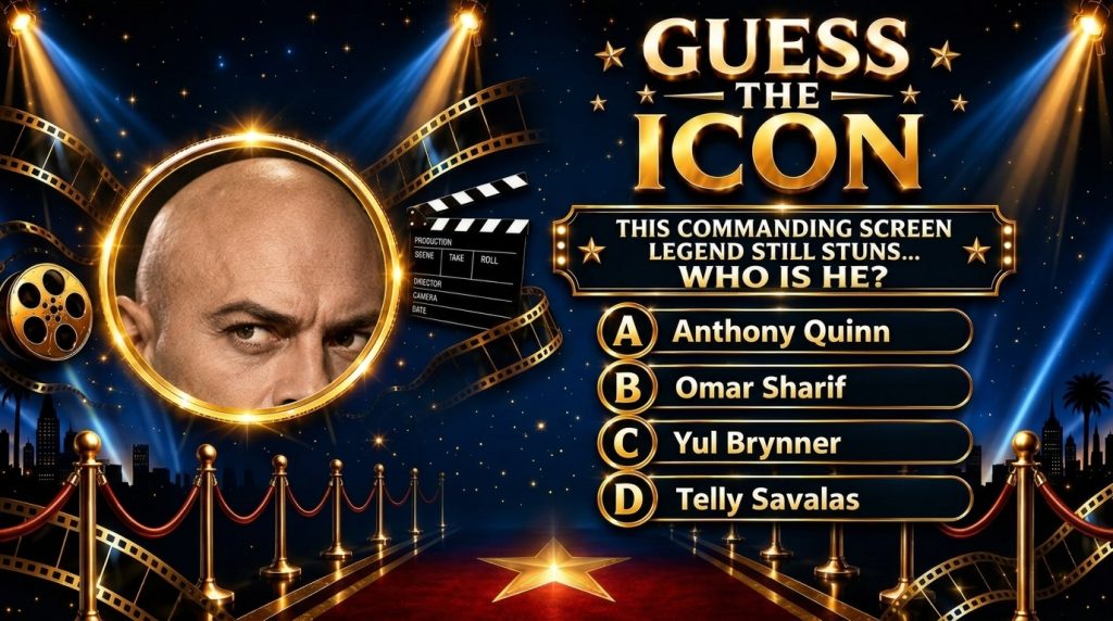 A quiz graphic titled GUESS THE ICON featuring a close-up of a bald man s eyes and forehead framed in a golden circle wi