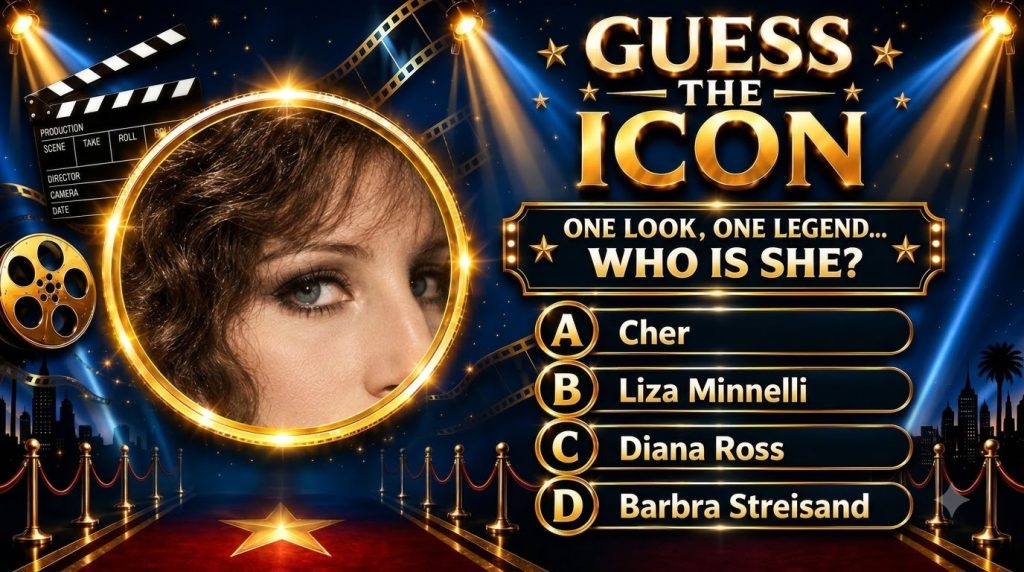 A Hollywood-themed quiz poster with a golden circular frame spotlights film strips and a silhouetted cityscape featuring
