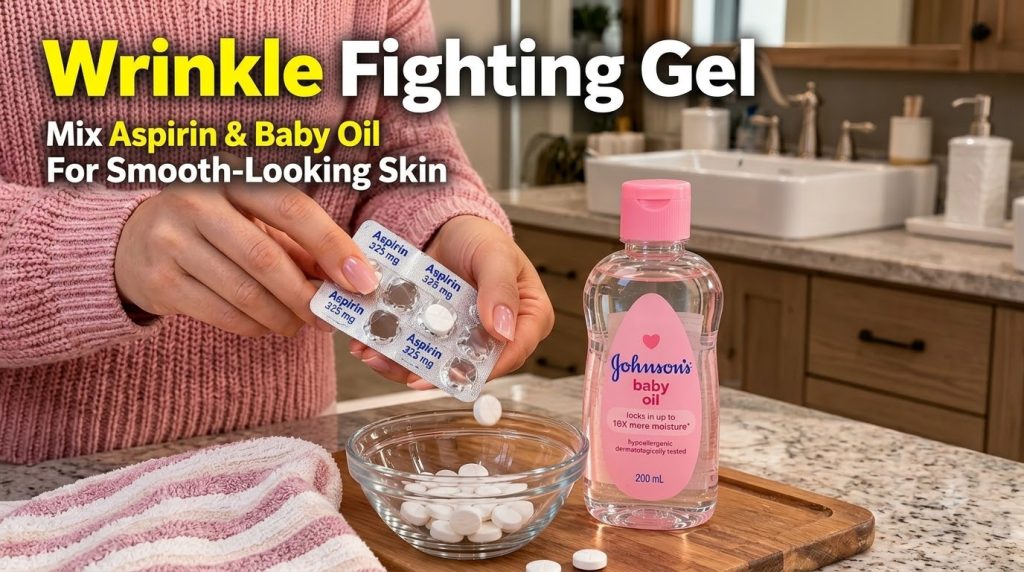 Hands gently pressing aspirin pills into a clear glass bowl with a bottle of Johnson s baby oil nearby on a wooden board