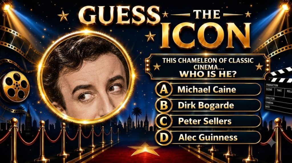 A Guess The Icon quiz image with a close-up portrait of a man in a golden circular frame against a dark blue background 
