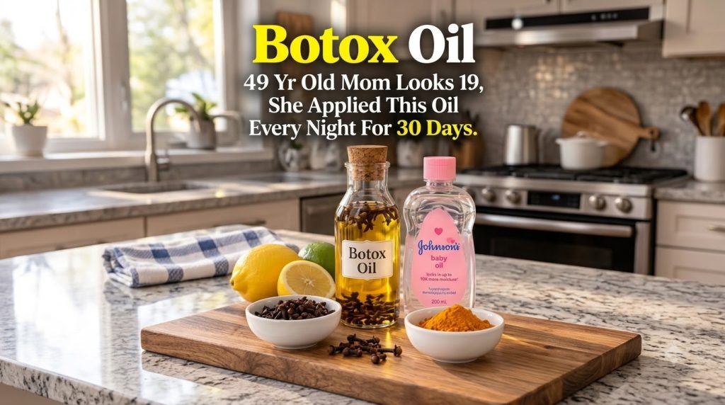Natural ingredients for a Botox Oil on a wooden board including a bottle with cloves labeled Botox Oil Johnson s baby oi
