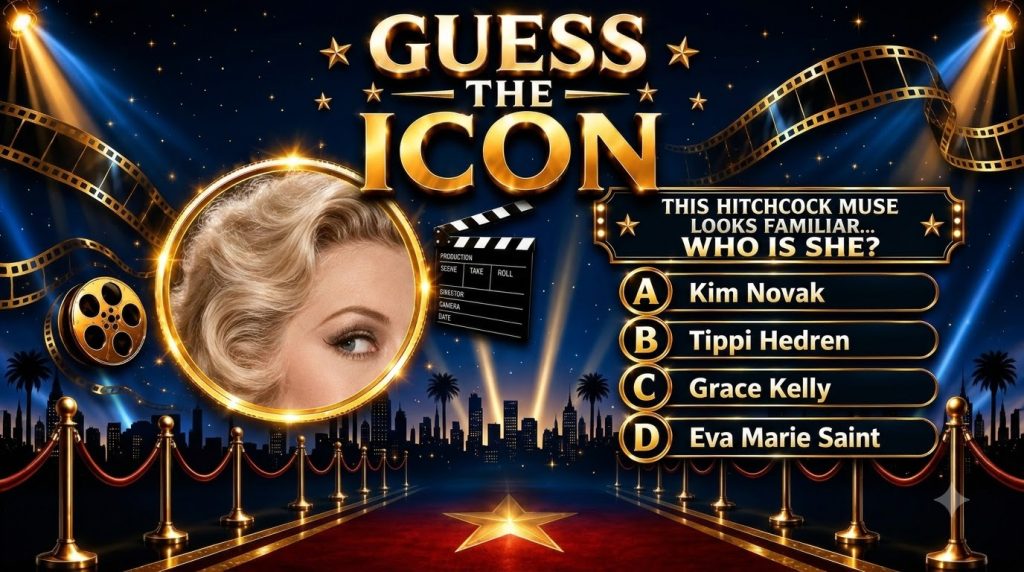 A vertical quiz poster featuring a cropped close-up of a blonde woman s face with a GUESS THE ICON title The background 