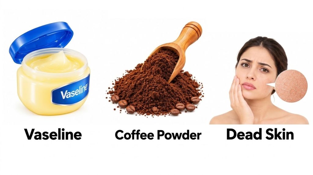 A collage showing an open jar of Vaseline a pile of coffee powder and a woman touching her cheek with an inset showing d