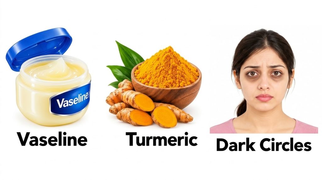 A split-screen composition showing an open jar of Vaseline a wooden bowl with turmeric powder and roots and a woman s fa