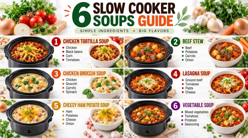 A variety of healthy slow cooker soups arranged artfully with fresh vegetables and herbs in the background resembling an