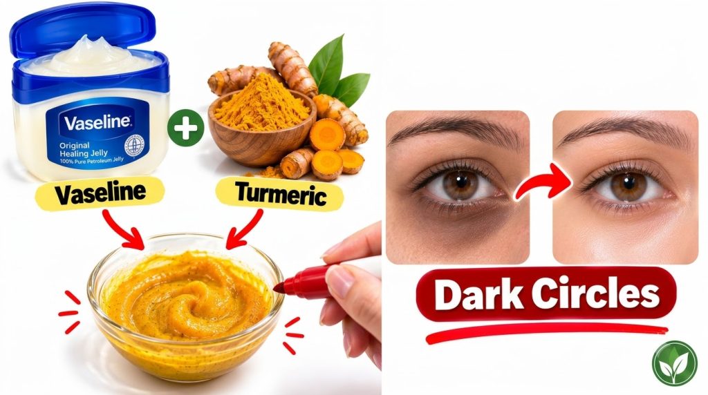 An infographic showing a tub of Vaseline a bowl of turmeric powder a small bowl with a mixed paste of Vaseline and turme