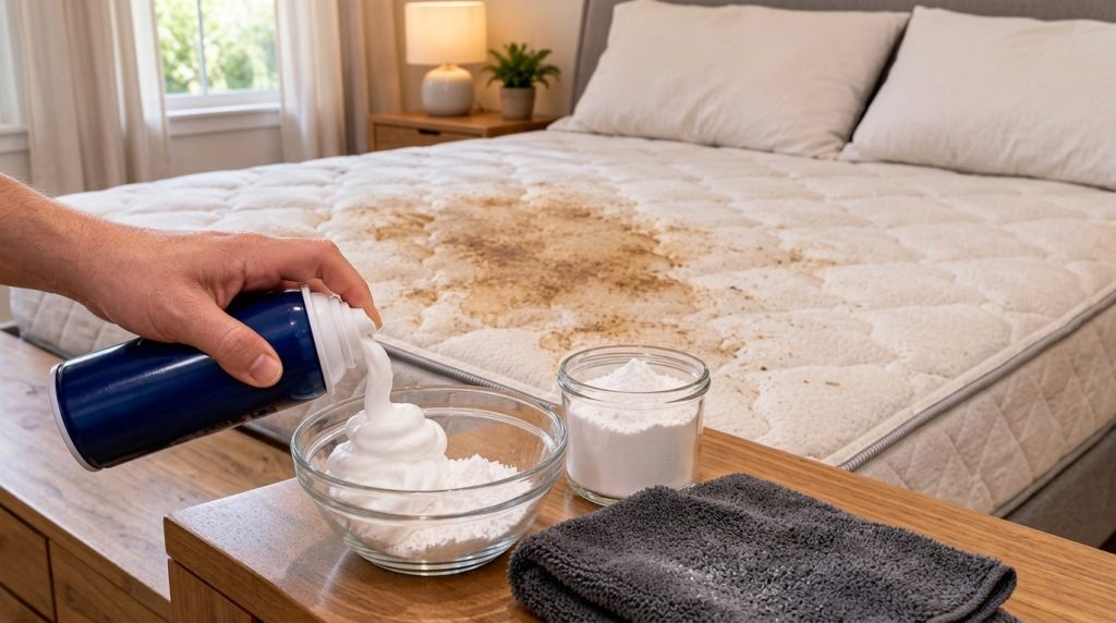 A close-up of a hand dispensing white shaving cream from a blue can into a clear glass bowl containing baking soda with 