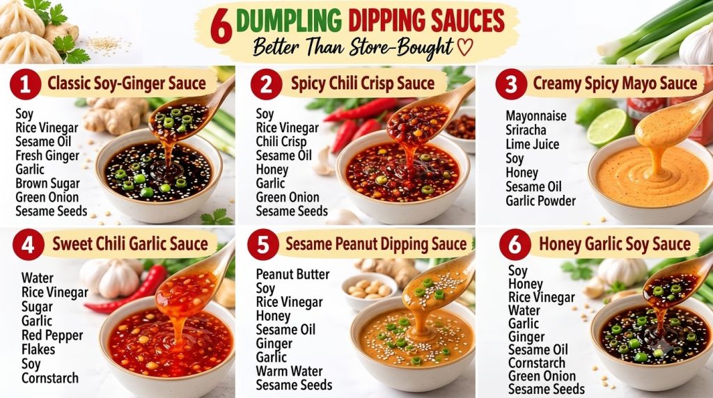 A grid display of six different homemade dumpling dipping sauces each in a white bowl with a wooden spoon surrounded by