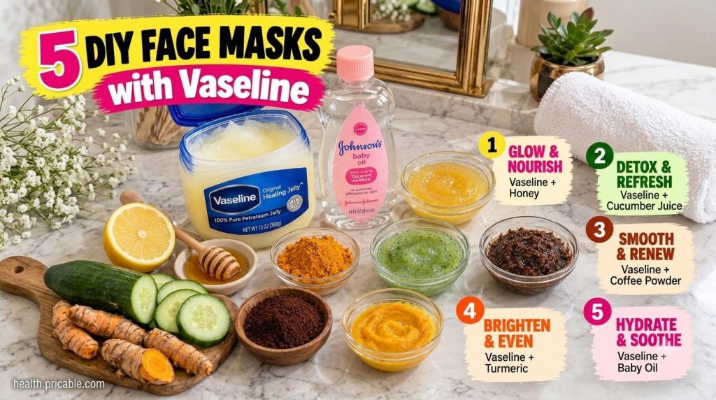A flat lay of five small bowls containing different Vaseline-based face masks with individual ingredients like honey cuc