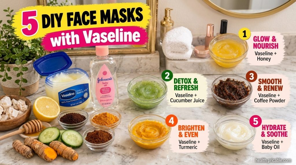 An overhead flat lay of five small bowls containing different DIY Vaseline face masks with ingredients like lemon cucumb