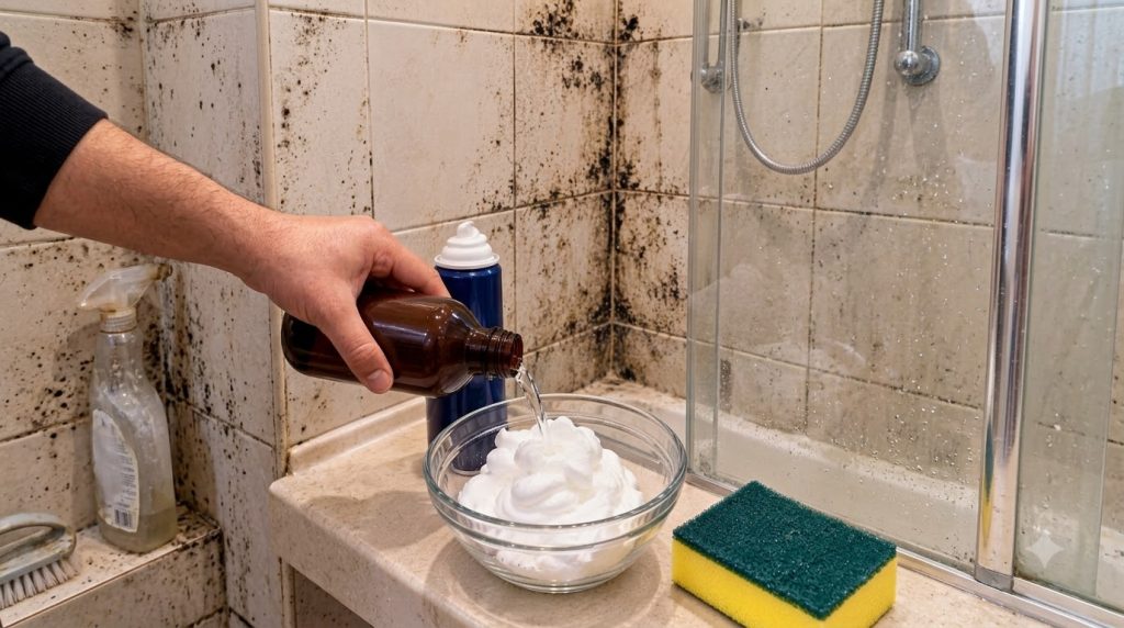 A hand pouring clear hydrogen peroxide from a brown bottle into a glass bowl filled with white shaving cream foam agains