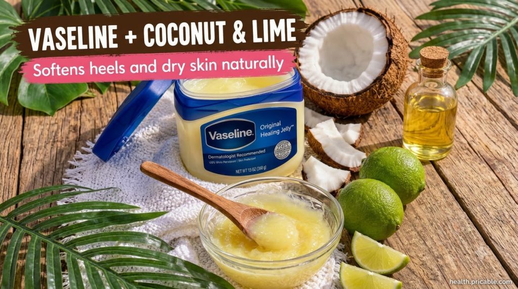 A flat lay of ingredients a tub of Vaseline a glass bowl with a yellow balm mixture and a wooden spoon a halved coconut 