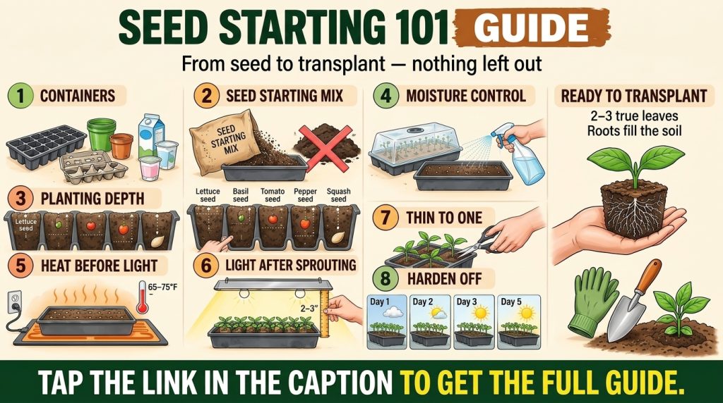 An infographic titled SEED STARTING 101 GUIDE detailing 8 steps for starting seeds indoors showing containers soil seedl
