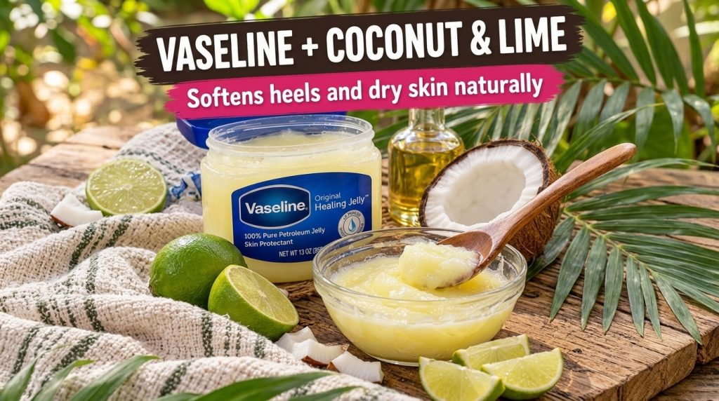 A flat lay of ingredients including an open jar of Vaseline fresh limes whole and sliced coconut pieces a small bottle o