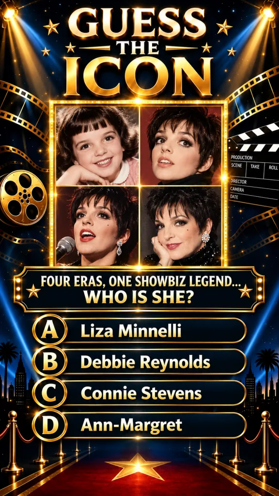 A vertical quiz graphic titled Guess the Icon featuring four photo portraits of Liza Minnelli from childhood to mature a