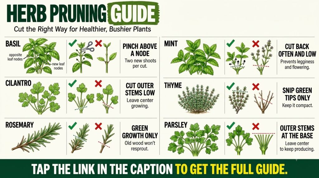 An infographic illustrating the correct and incorrect pruning methods for Basil and Rosemary with clear botanical illust