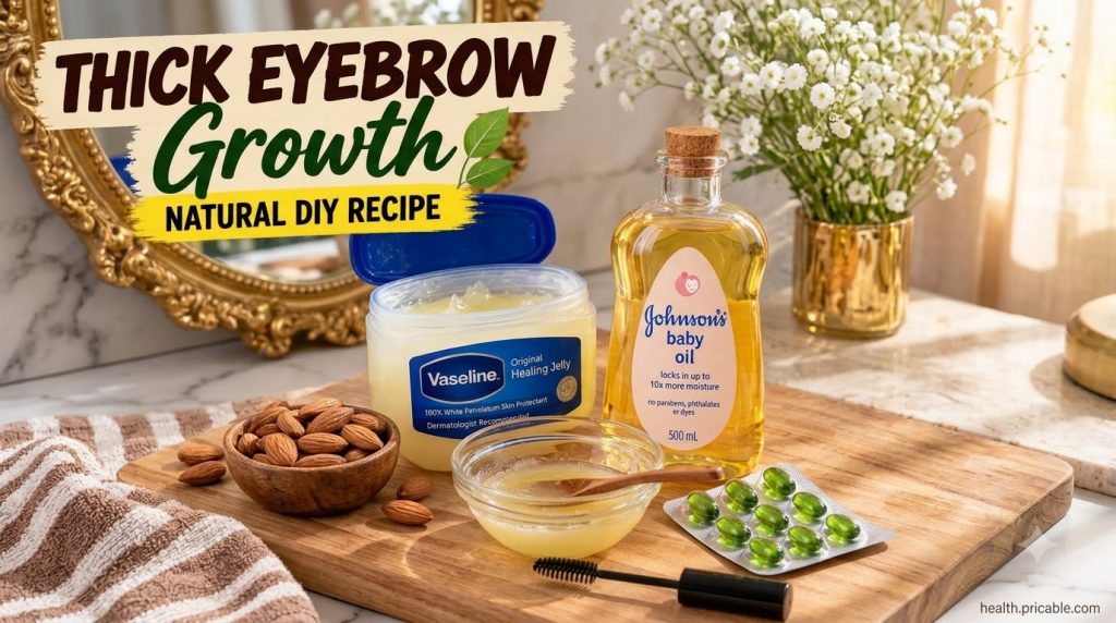 A flat lay of ingredients for eyebrow growth serum including Vaseline baby oil almonds vitamin E capsules a small bowl a