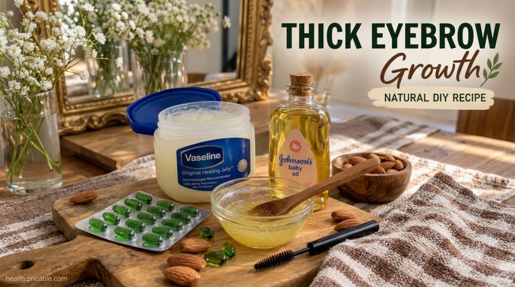A flat lay of ingredients for eyebrow growth including Vaseline baby oil vitamin E capsules and a small bowl of mixed ge