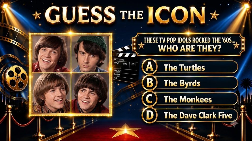 A vertical quiz graphic titled GUESS THE ICON featuring a central grid of four portraits of young men The Monkees agains