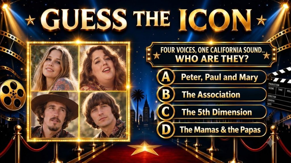A quiz poster titled GUESS THE ICON featuring a 2x2 grid of four individual portraits of 1960s singers The background is