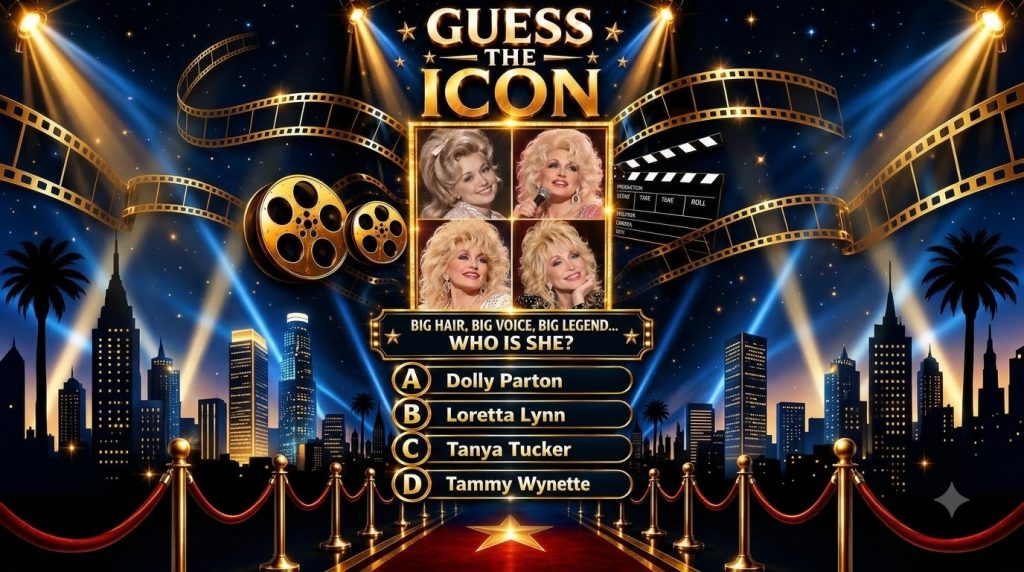 Quiz poster featuring four portraits of Dolly Parton framed in gold with the title GUESS THE ICON and the question BIG H