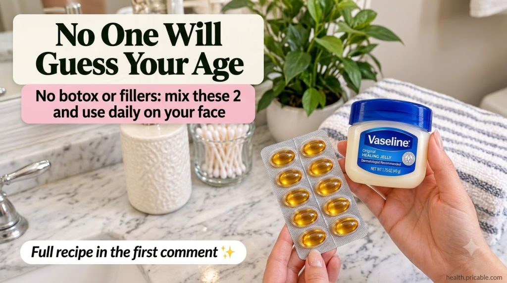 A hand holding a tub of Vaseline and a blister pack of Vitamin E capsules on a clean bathroom counter