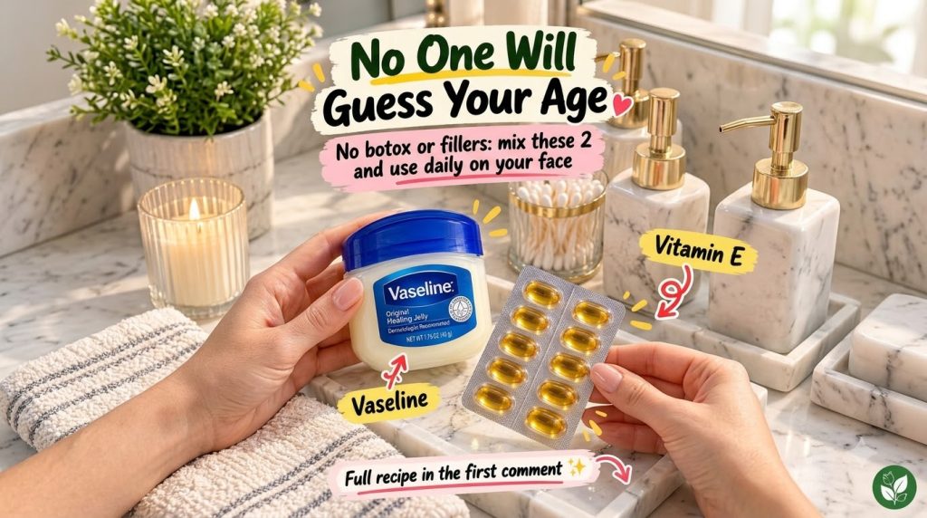 A close-up flat lay of a bathroom counter showcasing a jar of Vaseline and a blister pack of Vitamin E capsules held by 
