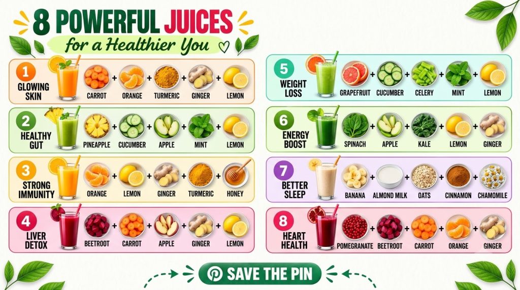 A brightly colored infographic showcasing 8 different juice recipes each with a glass of juice and its ingredients like