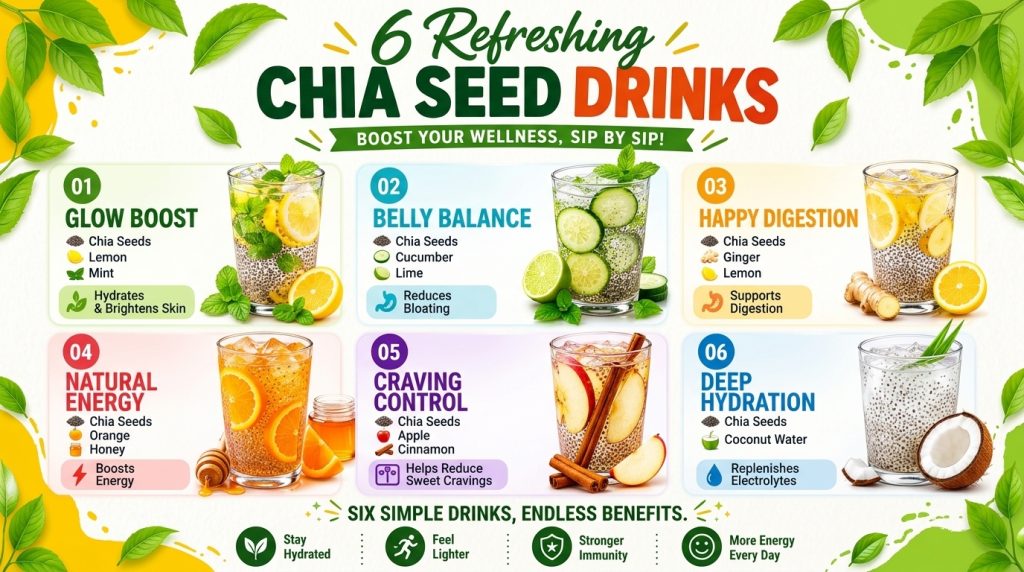 A vibrant infographic showcasing six different refreshing chia seed drinks in individual glasses with various fresh ingr