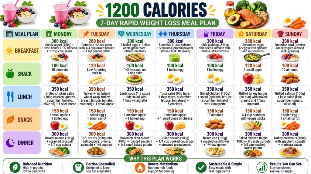 A visual infographic of a 7-day 1200-calorie meal plan with various healthy food items for breakfast lunch dinner and sn