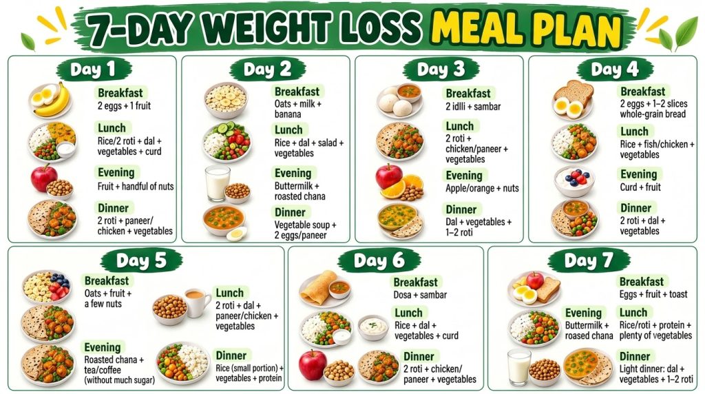 A visual infographic of a 7-day healthy eating meal plan showing breakfast lunch and dinner options for each day The mea