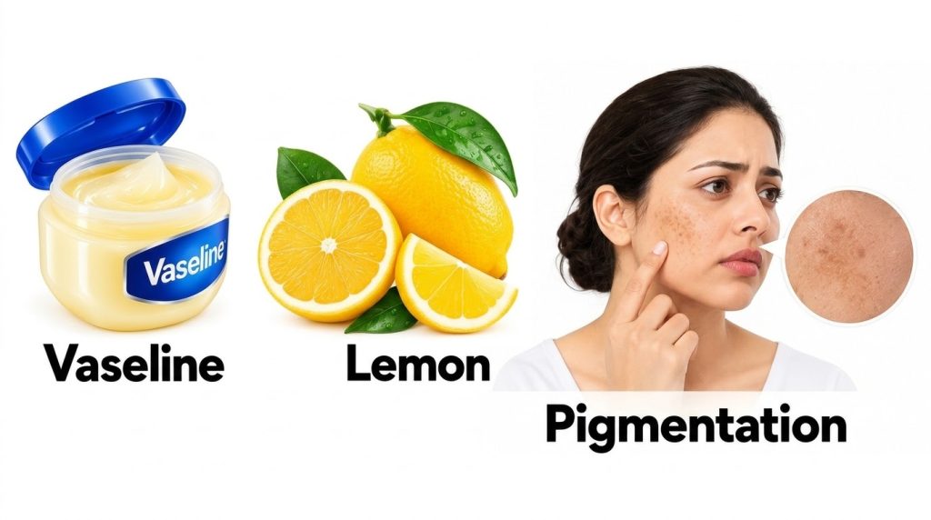 A vertical triptych showing an open jar of Vaseline on the top left whole and sliced lemons with water droplets on the t