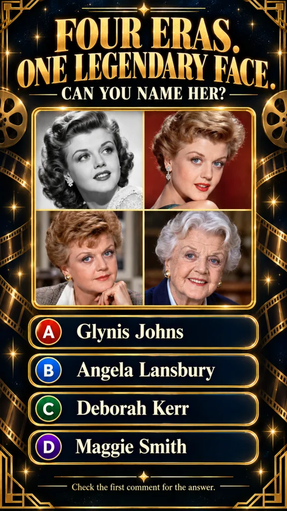 A quiz featuring four portraits of Angela Lansbury from different eras arranged vertically with art deco frames on a dar