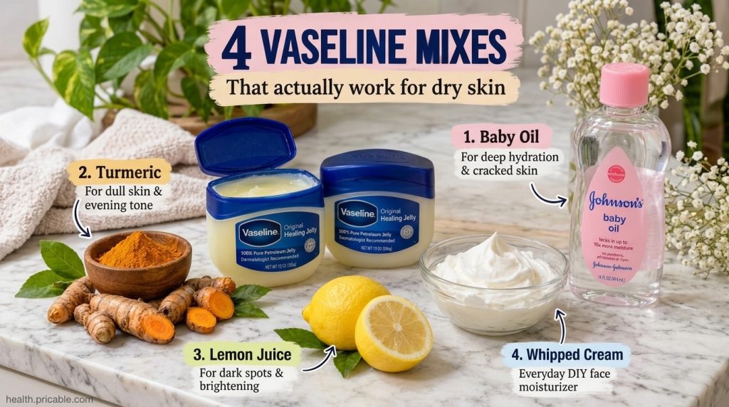 A flat lay of Vaseline baby oil turmeric lemons and whipped cream on a marble surface ready for DIY skincare Emphasizes 