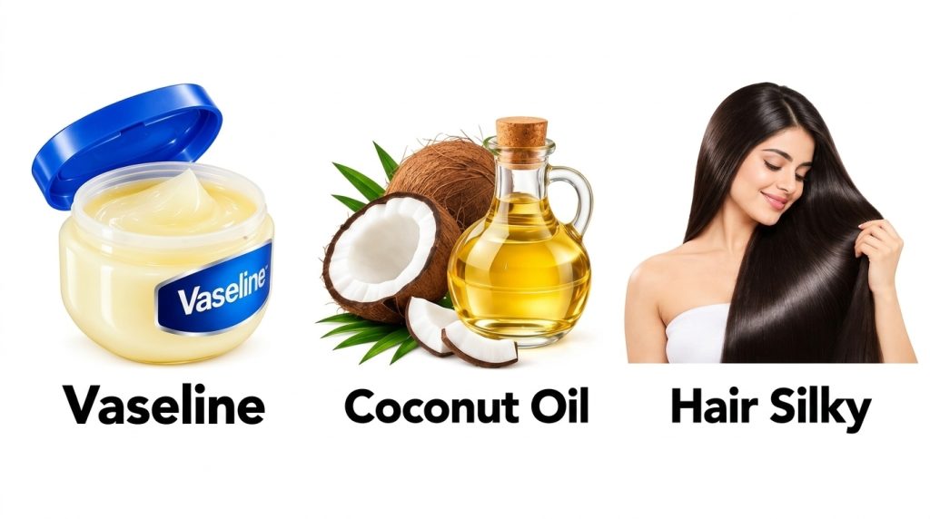 Split panel image showing an open jar of Vaseline on the top left whole and cut coconuts with a bottle of coconut oil on