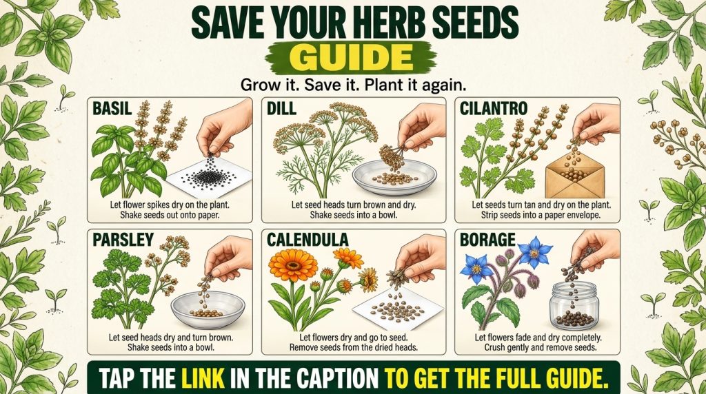 An infographic titled SAVE YOUR HERB SEEDS GUIDE showing step-by-step instructions for collecting seeds from Basil Dill 