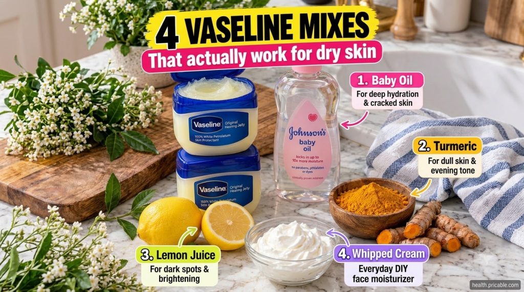 A flat lay of four small bowls each containing a different Vaseline mix one with baby oil one with turmeric one with lem