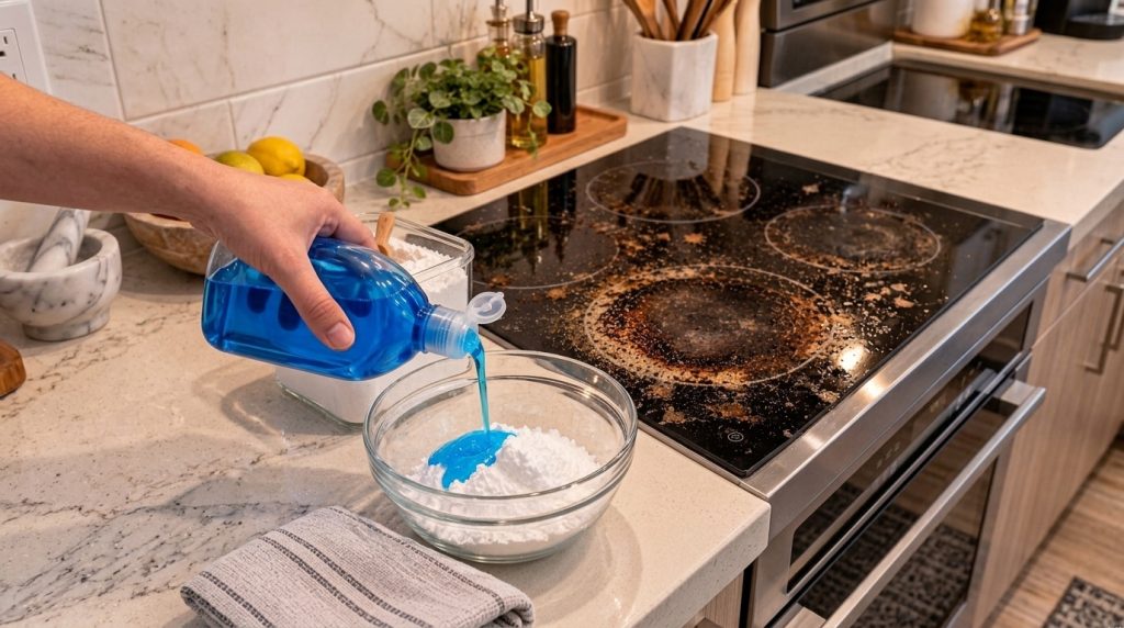 A close-up of a hand pouring blue dish soap into a bowl of white baking soda with a very dirty electric stovetop in the 