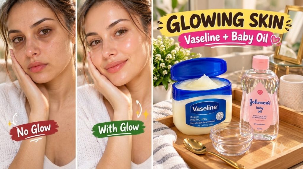 A split screen showing a woman s face before with dull skin and after with radiant glowing skin Below a flat lay display