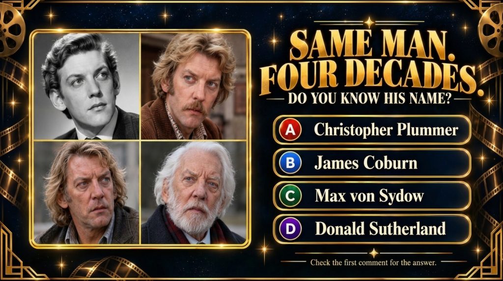 A quiz poster showing four portraits of Donald Sutherland from different decades framed by golden Art Deco and film stri