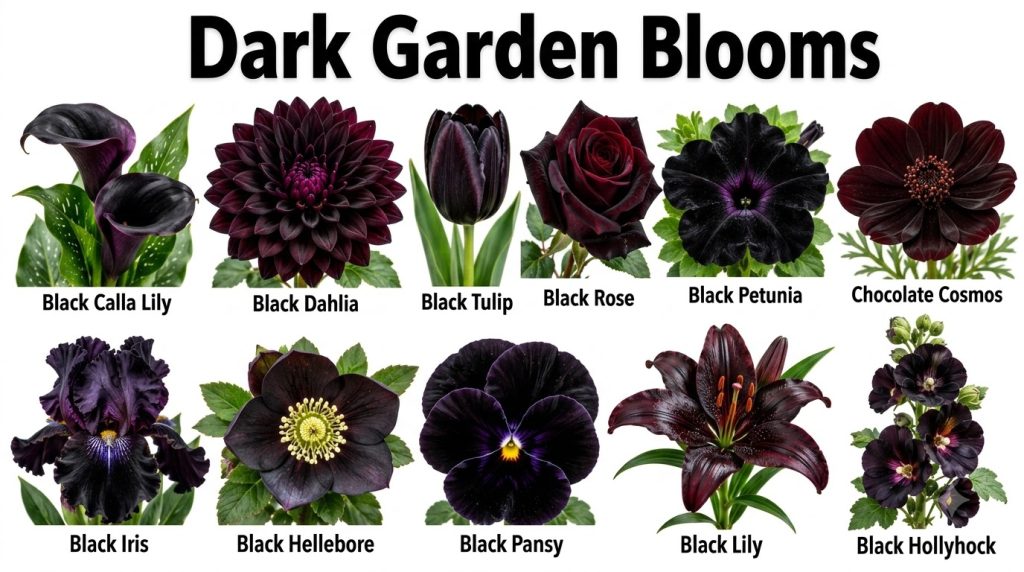 A collection of 11 dark-colored flowers and foliage plants each in a separate cutout against a white background showcasi