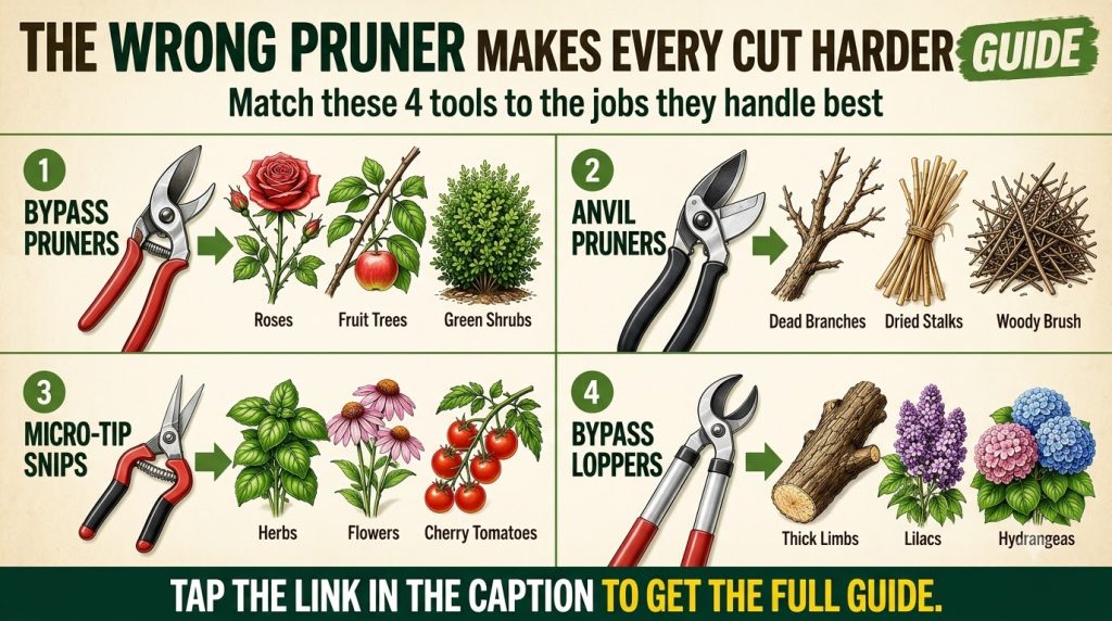 An infographic showing four types of pruning tools Bypass Pruners Anvil Pruners Micro-tip Snips and Bypass Loppers with 