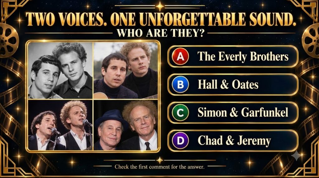 A trivia quiz featuring four photographic portraits of Paul Simon and Art Garfunkel at different career stages framed by