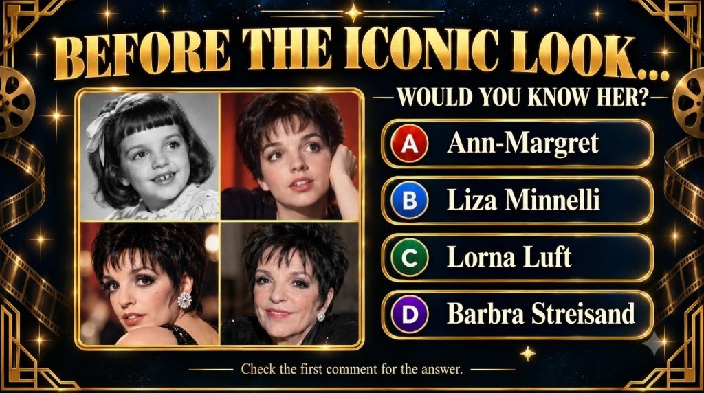 A vertical quiz poster featuring four grid photographs of Liza Minnelli from childhood to later years framed by ornate g