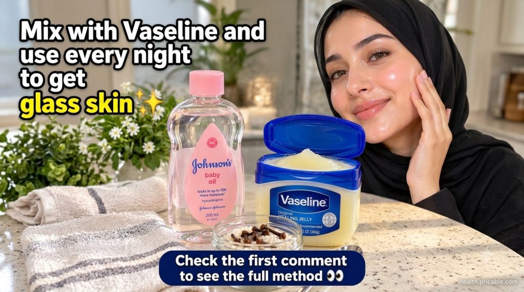 A flat lay of beauty ingredients including Johnson s baby oil Vaseline rice and cloves with a woman s glowing skin in th