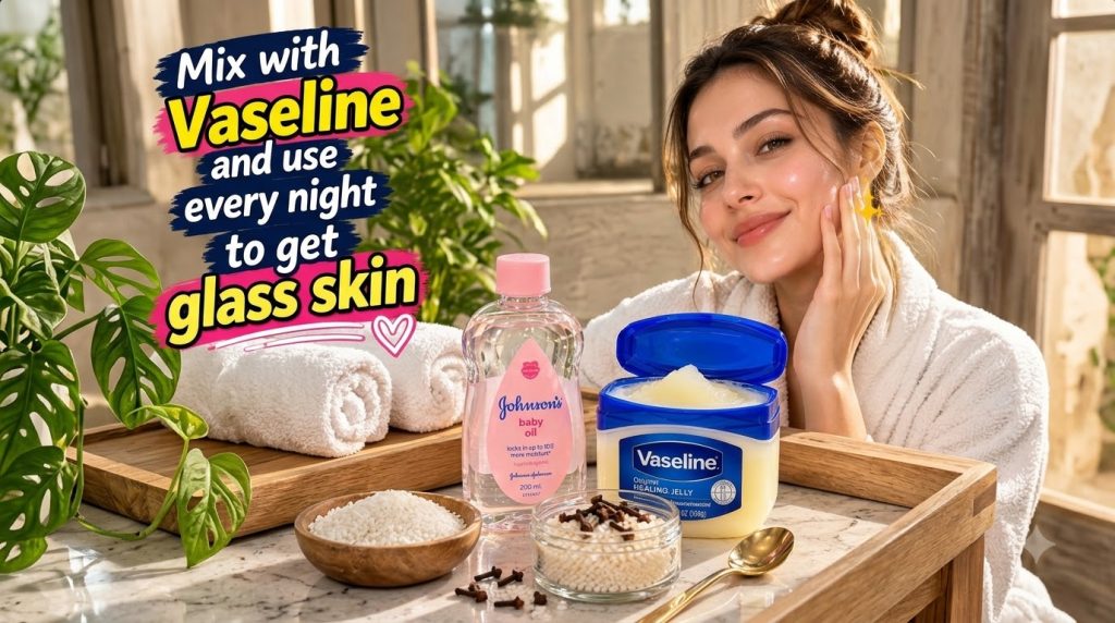 A smiling woman with radiant glass skin gently touching her cheek In the foreground there is a bottle of baby oil an ope