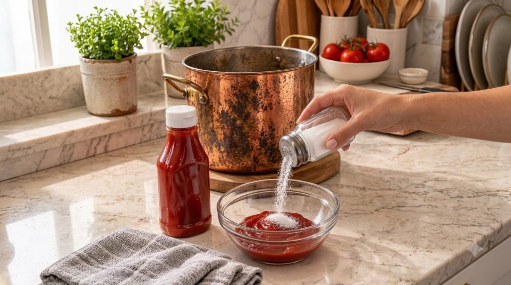 A hand pouring white granulated iodized salt from a shaker into a clear glass bowl of vibrant red ketchup creating a pol