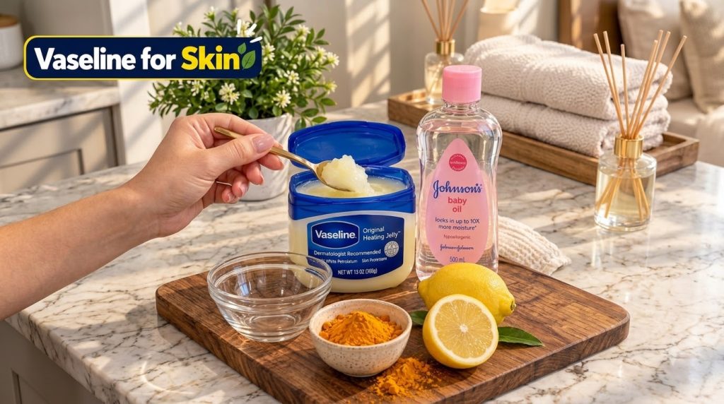 A flat lay composition of skincare ingredients a hand scoops Vaseline from a jar surrounded by a bottle of baby oil a bo