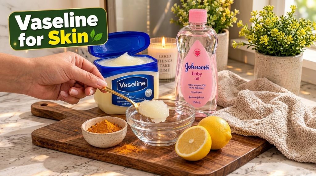 A flat lay of skincare essentials including a tub of Vaseline a bottle of baby oil a bowl of turmeric powder and fresh l